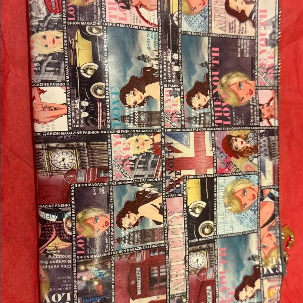 Brentano Comic Print Bag Wristlet Purse Black 12x7 NEW